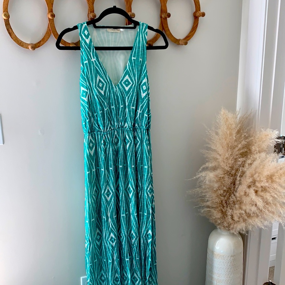 Anthropologie geometric maxi dress teal and white